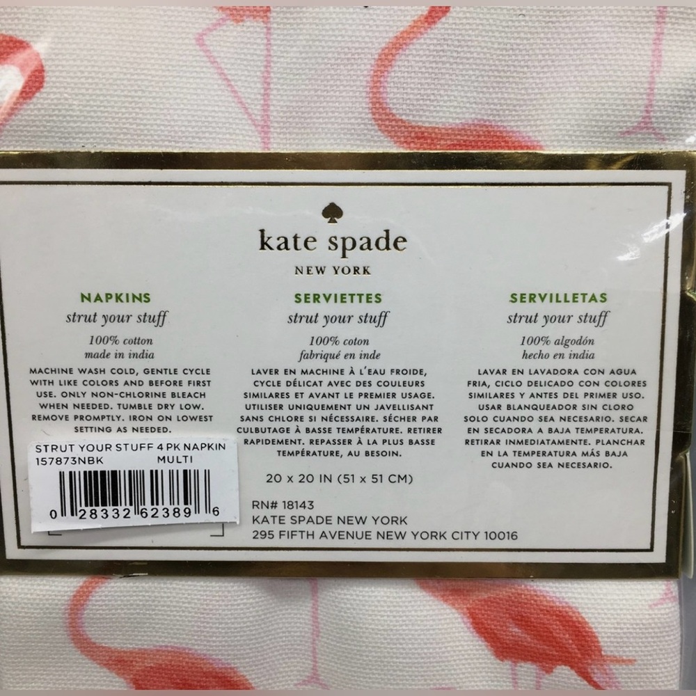 Kate Spade “Strut Your Stuff” Flamingo 100% Cotton Napkins Set 4 NIP - Picture 5 of 5